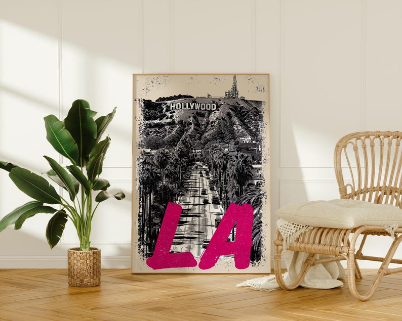 Los Angeles Poster, California Travel Print, Art, Hollywood Sign Illustration, Cityscape Poster, Scenic Wall Art, Home Decor, Birthday Gift