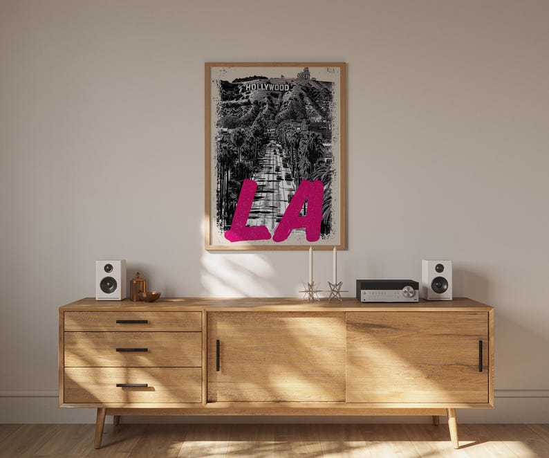 Los Angeles Poster, California Travel Print, Art, Hollywood Sign Illustration, Cityscape Poster, Scenic Wall Art, Home Decor, Birthday Gift