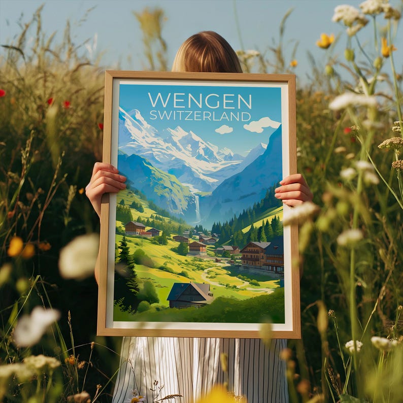 Wengen Travel Print Switzerland Poster Swiss Alps Wall Art Mountain Illustration Wengen Poster Home Decor Birthday Gift