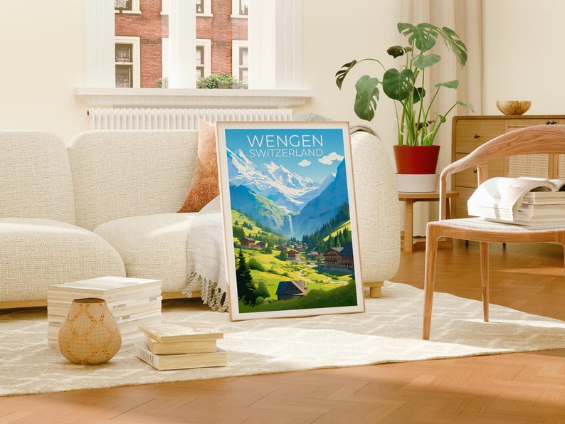 Wengen Travel Print Switzerland Poster Swiss Alps Wall Art Mountain Illustration Wengen Poster Home Decor Birthday Gift