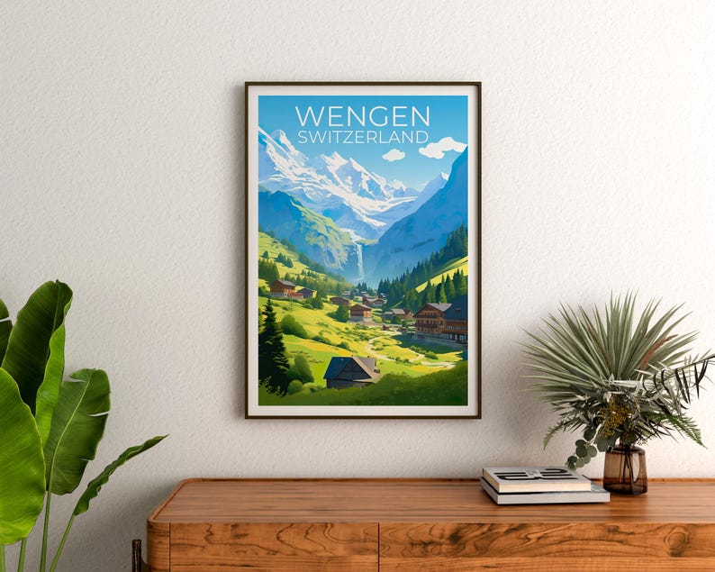 Wengen Travel Print Switzerland Poster Swiss Alps Wall Art Mountain Illustration Wengen Poster Home Decor Birthday Gift