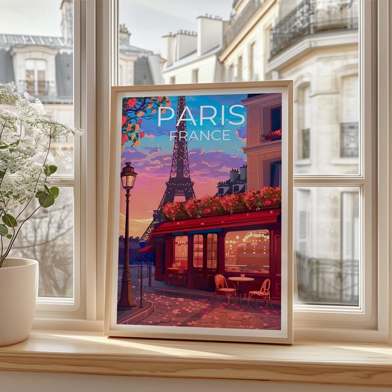 Paris Poster, France Print, Eiffel Tower Art, Europe Illustration, Romantic Travel Poster, Scenic Wall Art, Home Decor, Birthday Gift