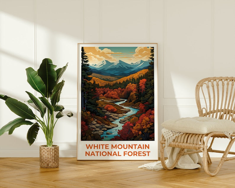 Affiche de voyage sur la forêt de White Mountain, art mural du New Hampshire, impression du Maine, affiche de la forêt de White Mountain, affiche de la nature, cadeau de voyage