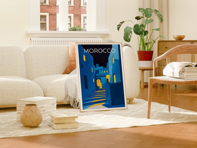Morocco Poster, Chefchaouen Travel Print, North Africa Art, Middle East Illustration, Landscape Poster, Home Decor, Birthday Gift