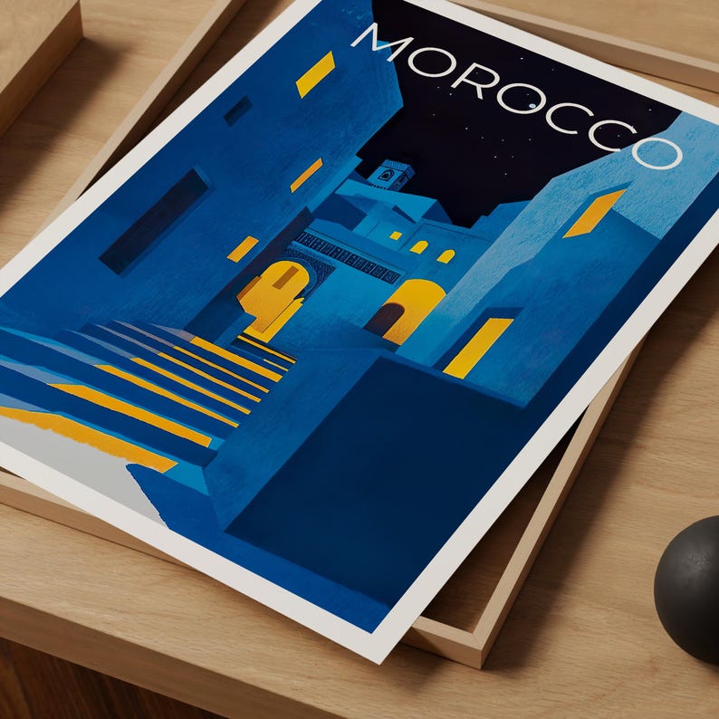 Morocco Poster, Chefchaouen Travel Print, North Africa Art, Middle East Illustration, Landscape Poster, Home Decor, Birthday Gift