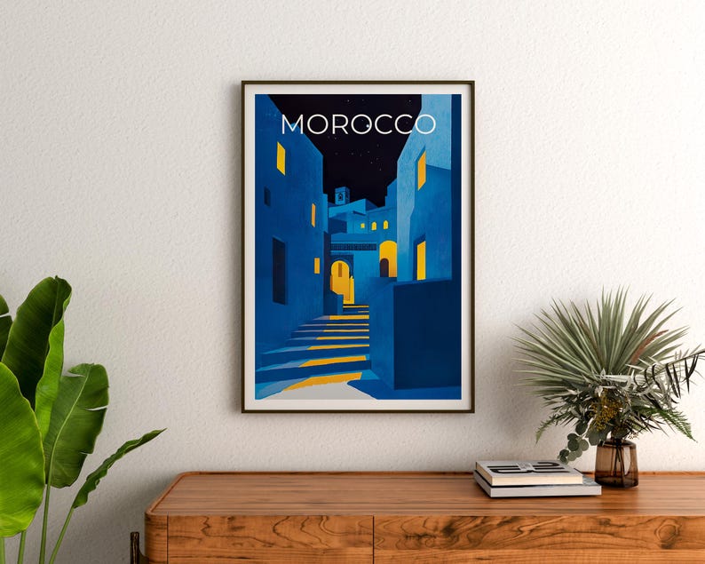 Morocco Poster, Chefchaouen Travel Print, North Africa Art, Middle East Illustration, Landscape Poster, Home Decor, Birthday Gift