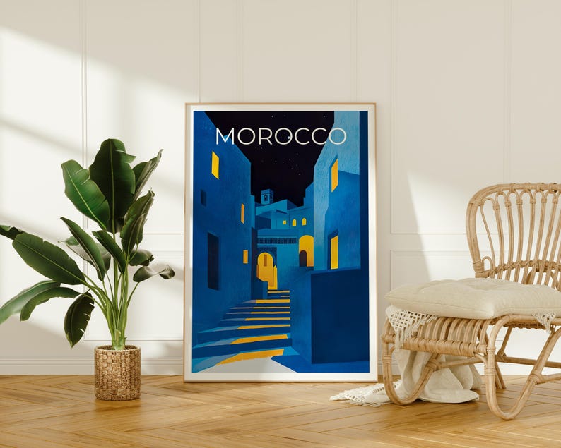Morocco Poster, Chefchaouen Travel Print, North Africa Art, Middle East Illustration, Landscape Poster, Home Decor, Birthday Gift