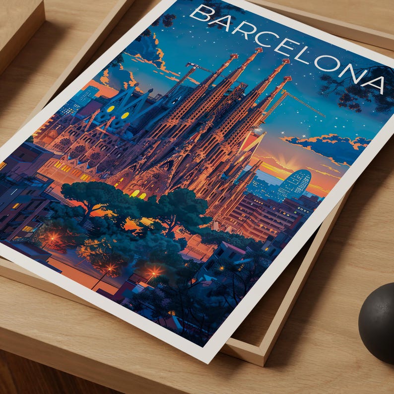Barcelona Travel Poster, Spain Print, Sagrada Familia Wall Art, Barcelona Illustration, Barcelona Poster, Home Decor, Birthday Gift