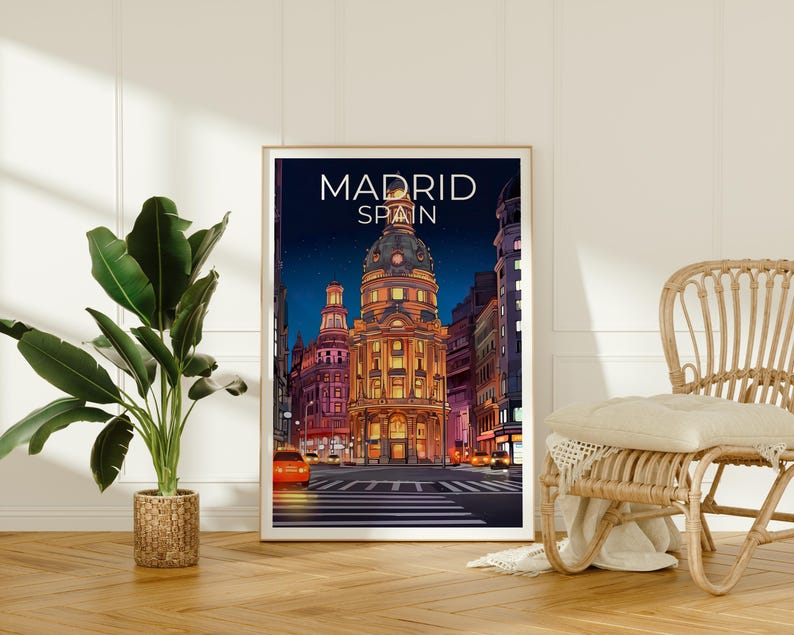 Madrid Travel Print, Spain Poster, Europe Wall Art, Gran Vía Illustration, Madrid City Poster, Home Decor, Birthday Gift
