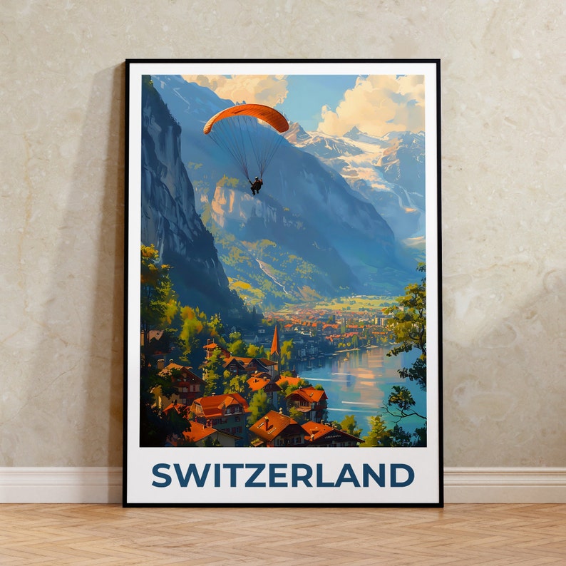 Switzerland Poster, Switzerland Print, Paragliding Poster, Paraglide Poster, Switzerland Travel Poster, Europe Poster, Swiss Village Poster