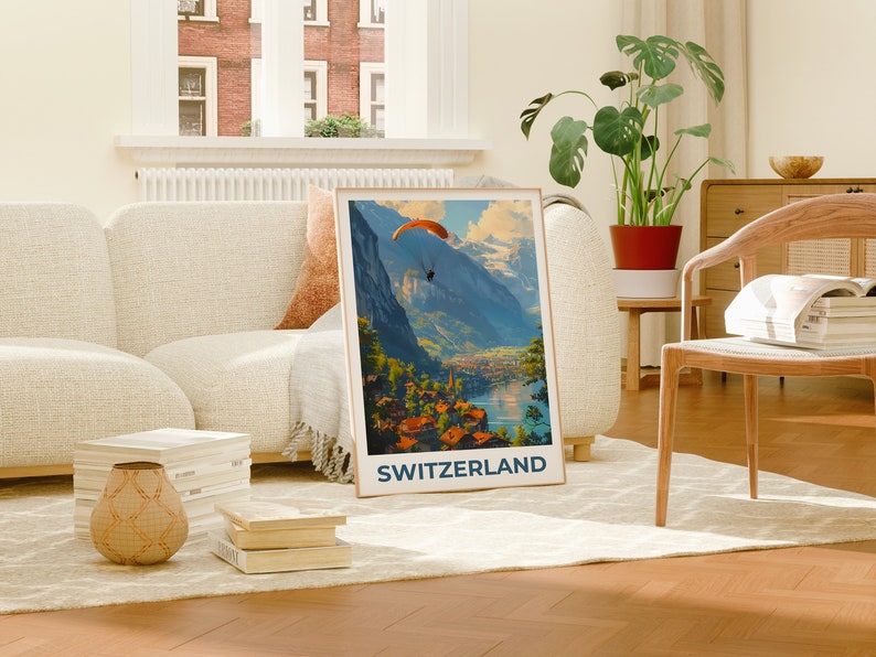 Switzerland Poster, Switzerland Print, Paragliding Poster, Paraglide Poster, Switzerland Travel Poster, Europe Poster, Swiss Village Poster