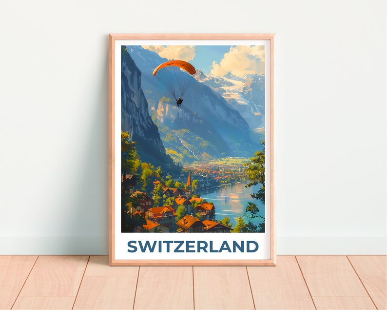 Switzerland Poster, Switzerland Print, Paragliding Poster, Paraglide Poster, Switzerland Travel Poster, Europe Poster, Swiss Village Poster