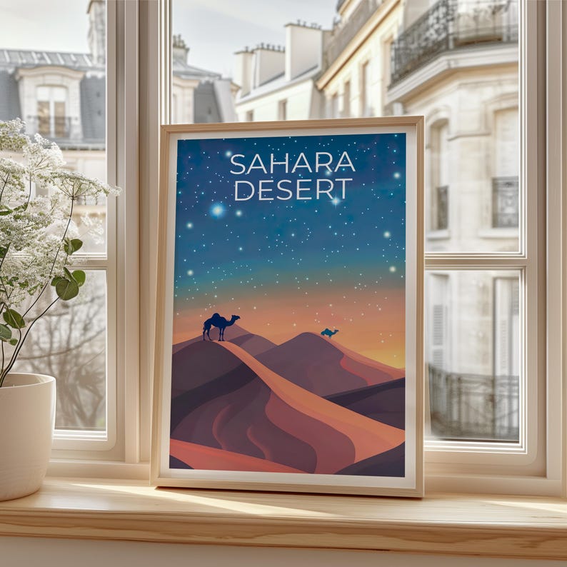 Sahara Desert Travel Print, Africa Poster, Camel Wall Art, Sand Dunes Illustration, Sahara Desert Poster, Home Decor, Birthday Gift