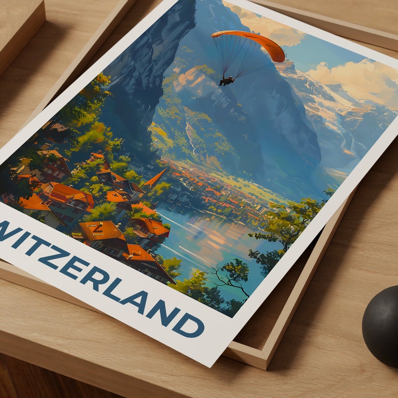 Switzerland Poster, Switzerland Print, Paragliding Poster, Paraglide Poster, Switzerland Travel Poster, Europe Poster, Swiss Village Poster