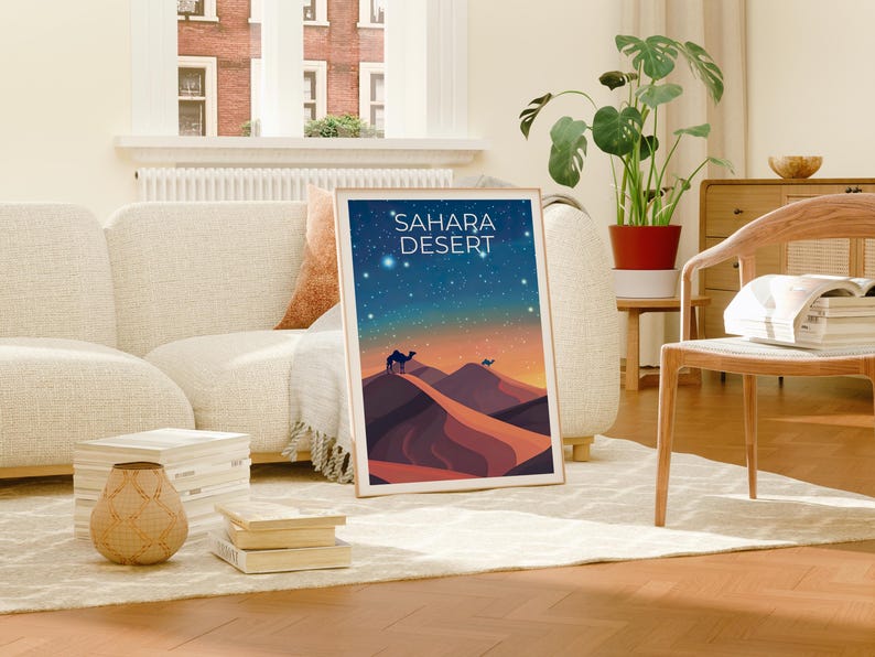 Sahara Desert Travel Print, Africa Poster, Camel Wall Art, Sand Dunes Illustration, Sahara Desert Poster, Home Decor, Birthday Gift