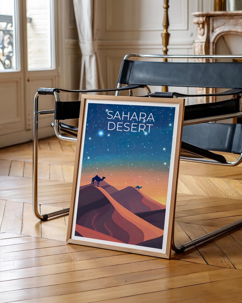 Sahara Desert Travel Print, Africa Poster, Camel Wall Art, Sand Dunes Illustration, Sahara Desert Poster, Home Decor, Birthday Gift