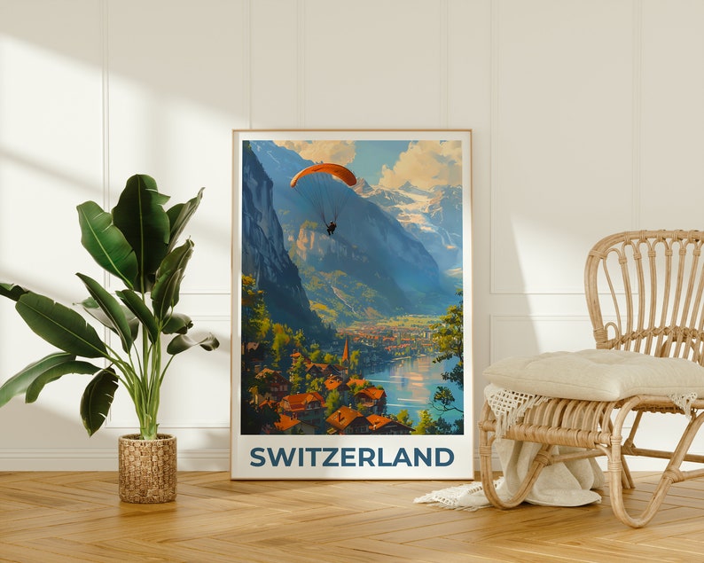 Switzerland Poster, Switzerland Print, Paragliding Poster, Paraglide Poster, Switzerland Travel Poster, Europe Poster, Swiss Village Poster