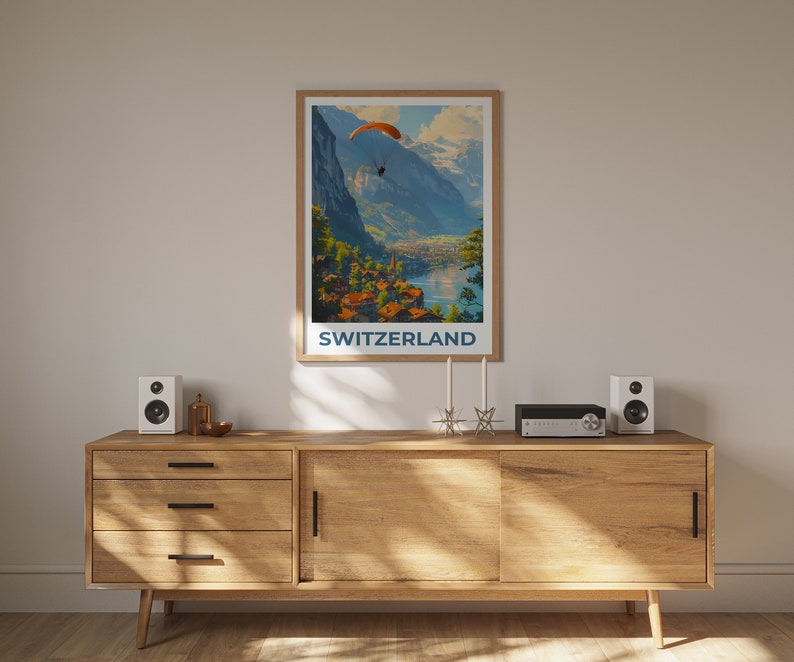 Switzerland Poster, Switzerland Print, Paragliding Poster, Paraglide Poster, Switzerland Travel Poster, Europe Poster, Swiss Village Poster