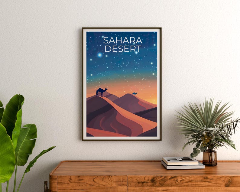 Sahara Desert Travel Print, Africa Poster, Camel Wall Art, Sand Dunes Illustration, Sahara Desert Poster, Home Decor, Birthday Gift
