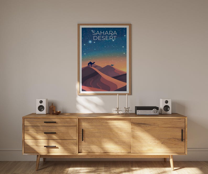 Sahara Desert Travel Print, Africa Poster, Camel Wall Art, Sand Dunes Illustration, Sahara Desert Poster, Home Decor, Birthday Gift