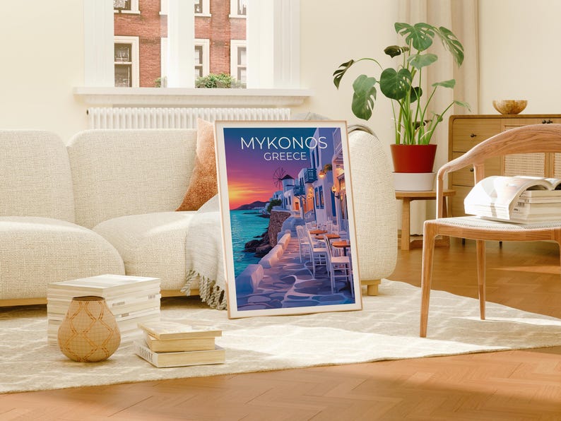 Mykonos Poster, Greece Travel Print, Cozy Cafe Art, Greek Islands Illustration, Landscape Poster, Scenic Wall Art, Home Decor, Birthday Gift