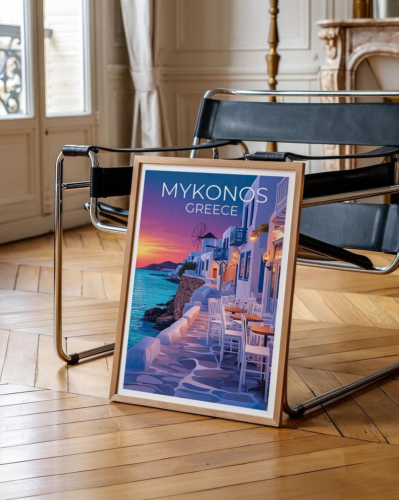 Mykonos Poster, Greece Travel Print, Cozy Cafe Art, Greek Islands Illustration, Landscape Poster, Scenic Wall Art, Home Decor, Birthday Gift