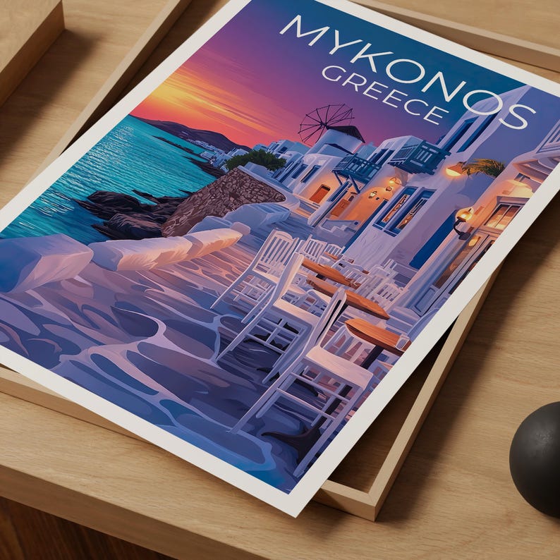 Mykonos Poster, Greece Travel Print, Cozy Cafe Art, Greek Islands Illustration, Landscape Poster, Scenic Wall Art, Home Decor, Birthday Gift