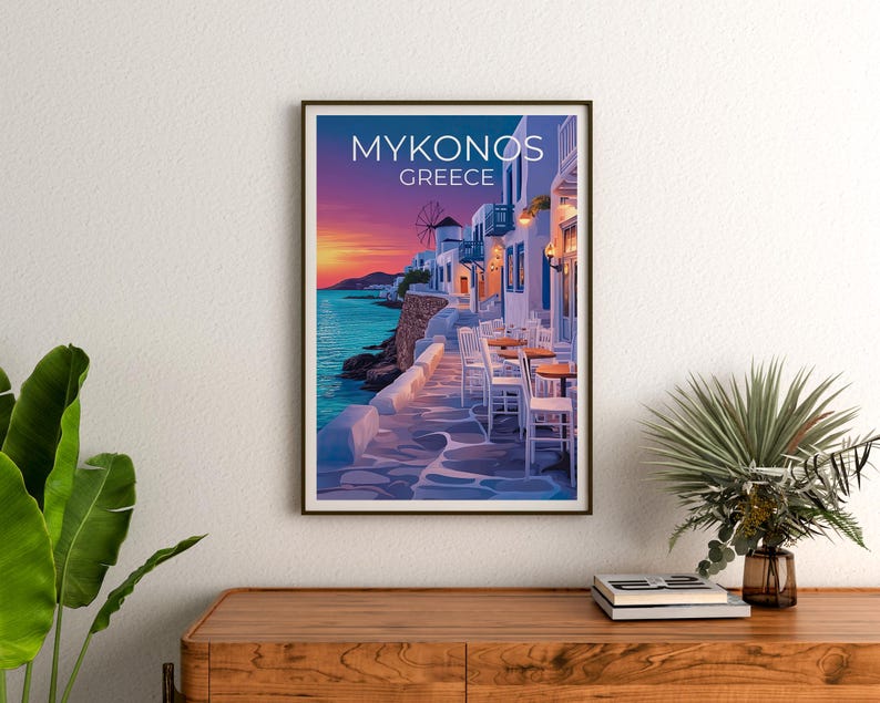 Mykonos Poster, Greece Travel Print, Cozy Cafe Art, Greek Islands Illustration, Landscape Poster, Scenic Wall Art, Home Decor, Birthday Gift