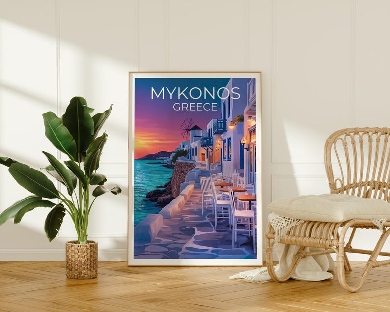 Mykonos Poster, Greece Travel Print, Cozy Cafe Art, Greek Islands Illustration, Landscape Poster, Scenic Wall Art, Home Decor, Birthday Gift