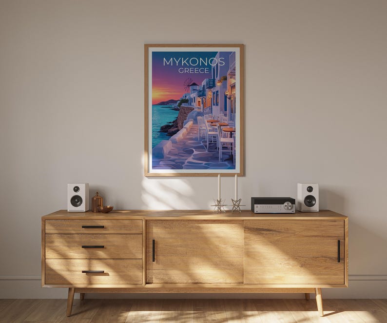 Mykonos Poster, Greece Travel Print, Cozy Cafe Art, Greek Islands Illustration, Landscape Poster, Scenic Wall Art, Home Decor, Birthday Gift