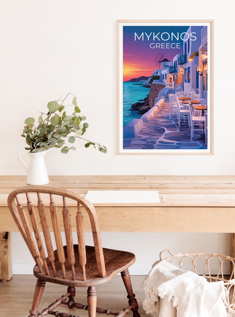 Mykonos Poster, Greece Travel Print, Cozy Cafe Art, Greek Islands Illustration, Landscape Poster, Scenic Wall Art, Home Decor, Birthday Gift