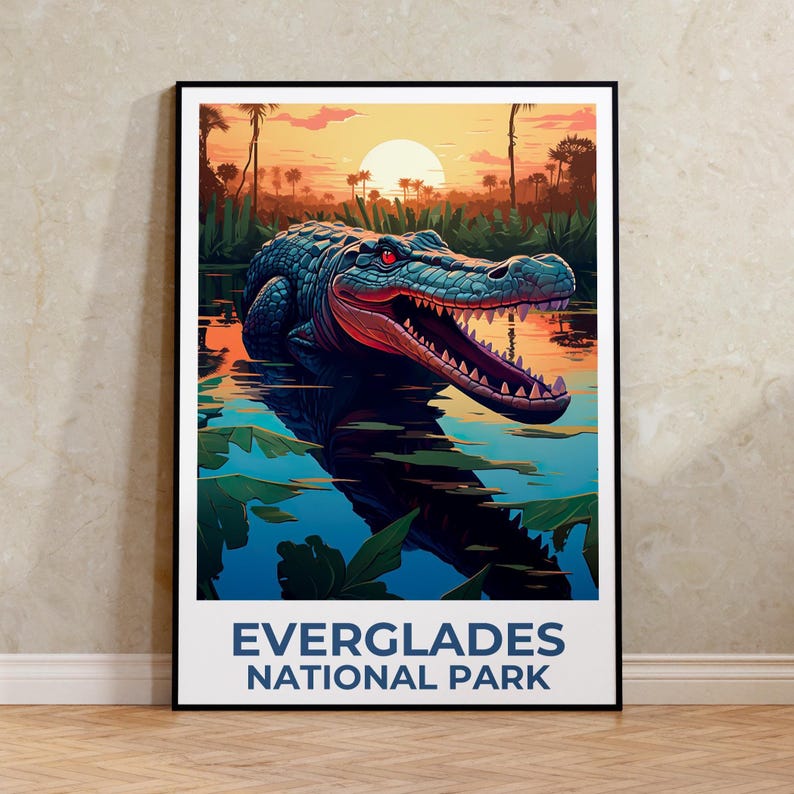Everglades National Park Travel Poster, Alligator Print, Florida Art, Everglades Illustration, Landscape Poster, Home Decor