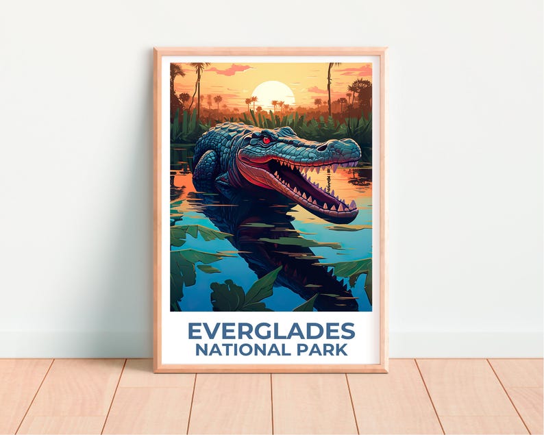 Everglades National Park Travel Poster, Alligator Print, Florida Art, Everglades Illustration, Landscape Poster, Home Decor