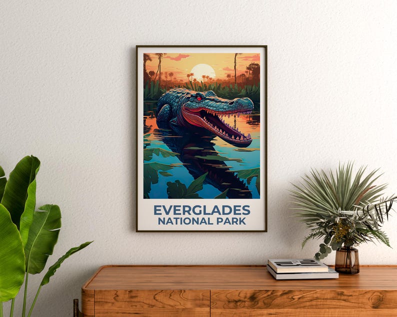 Everglades National Park Travel Poster, Alligator Print, Florida Art, Everglades Illustration, Landscape Poster, Home Decor