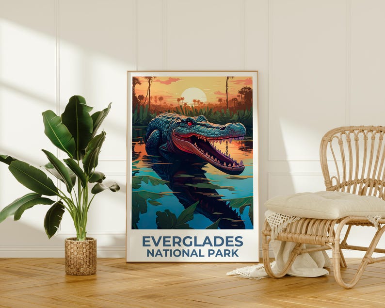 Everglades National Park Travel Poster, Alligator Print, Florida Art, Everglades Illustration, Landscape Poster, Home Decor