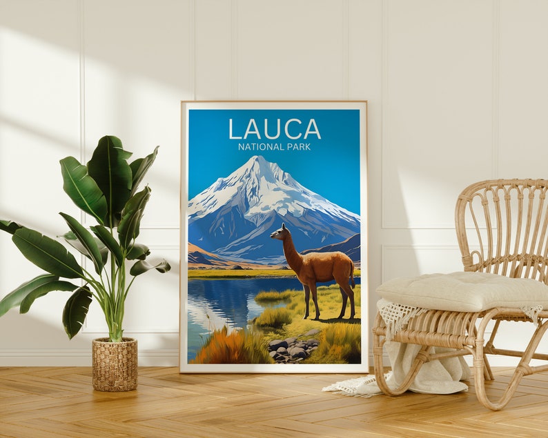 Lauca Travel Poster, Chile Wall Art, Chile Print, Lauca Poster, Llama Poster, South America Poster, Nature Poster