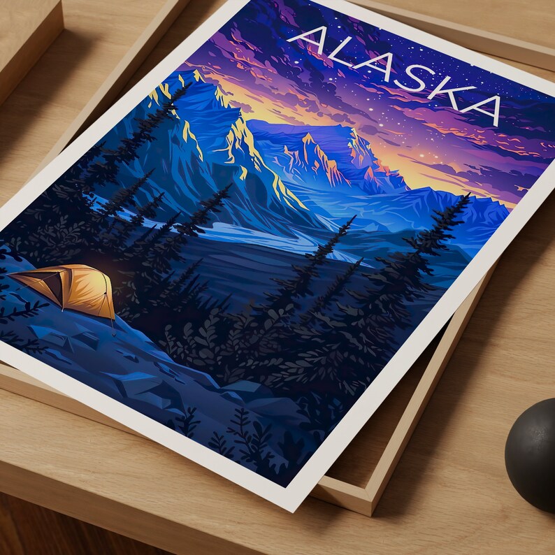 Alaska Poster, Alaska Print, Mountain Poster, Mountain Print, Alaska Travel Poster, Camping Poster, Alaska Art