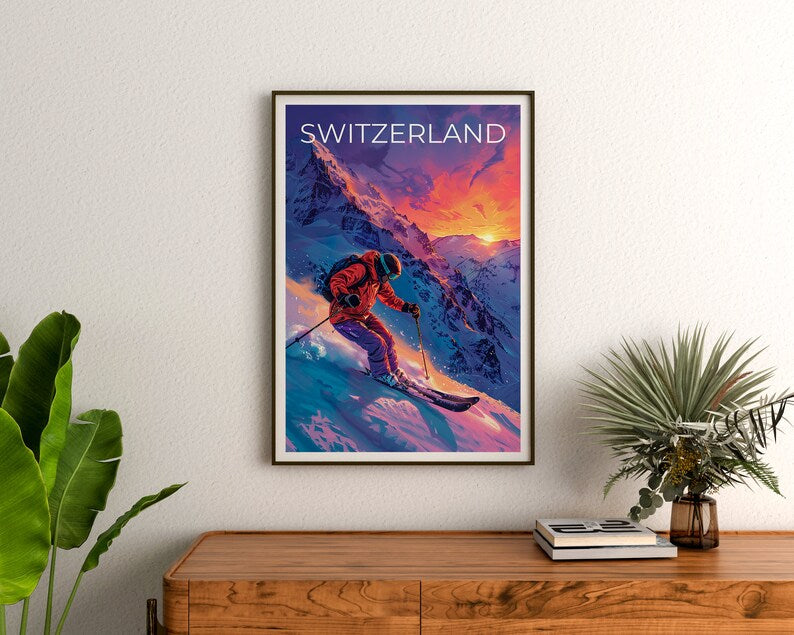 Switzerland Poster, Switzerland Print, Swiss Alps Poster, Swiss Alps Print, Switzerland Poster, Skier Poster, Switzerland Art