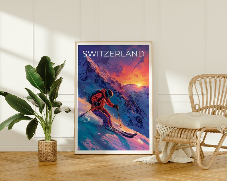 Switzerland Poster, Switzerland Print, Swiss Alps Poster, Swiss Alps Print, Switzerland Poster, Skier Poster, Switzerland Art