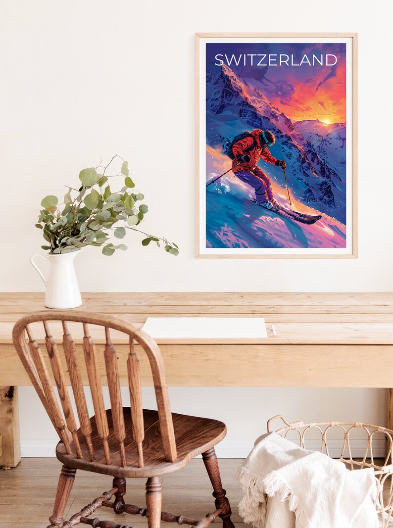Switzerland Poster, Switzerland Print, Swiss Alps Poster, Swiss Alps Print, Switzerland Poster, Skier Poster, Switzerland Art