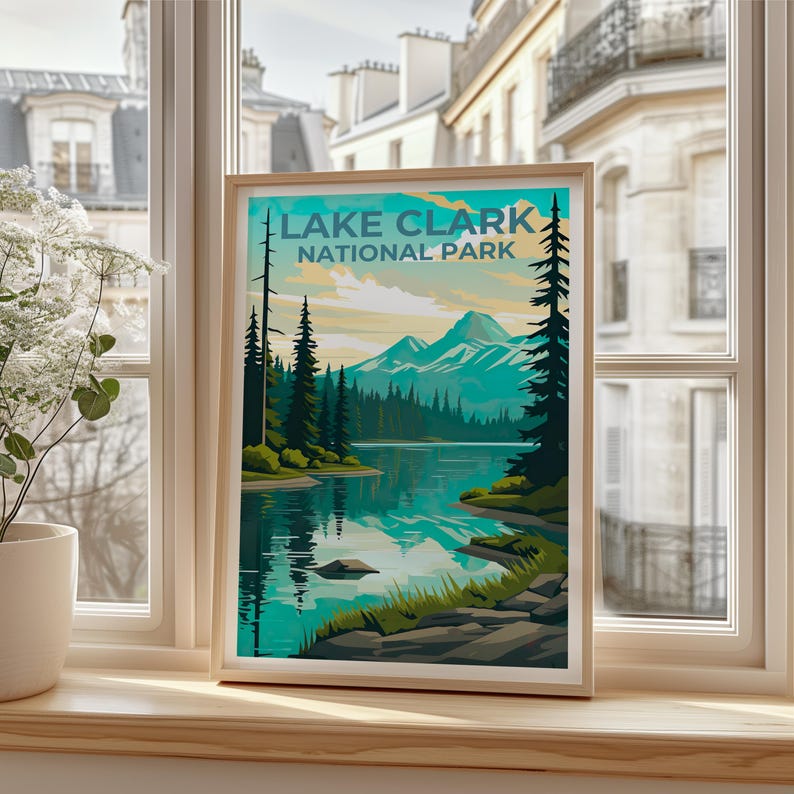 Lake Clark National Park Travel Print, Alaska Poster, Lake Wall Art, Mountain Illustration, Lake Clark Poster, Home Decor, Birthday Gift