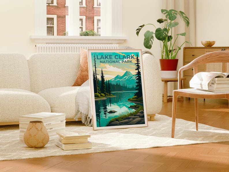 Lake Clark National Park Travel Print, Alaska Poster, Lake Wall Art, Mountain Illustration, Lake Clark Poster, Home Decor, Birthday Gift