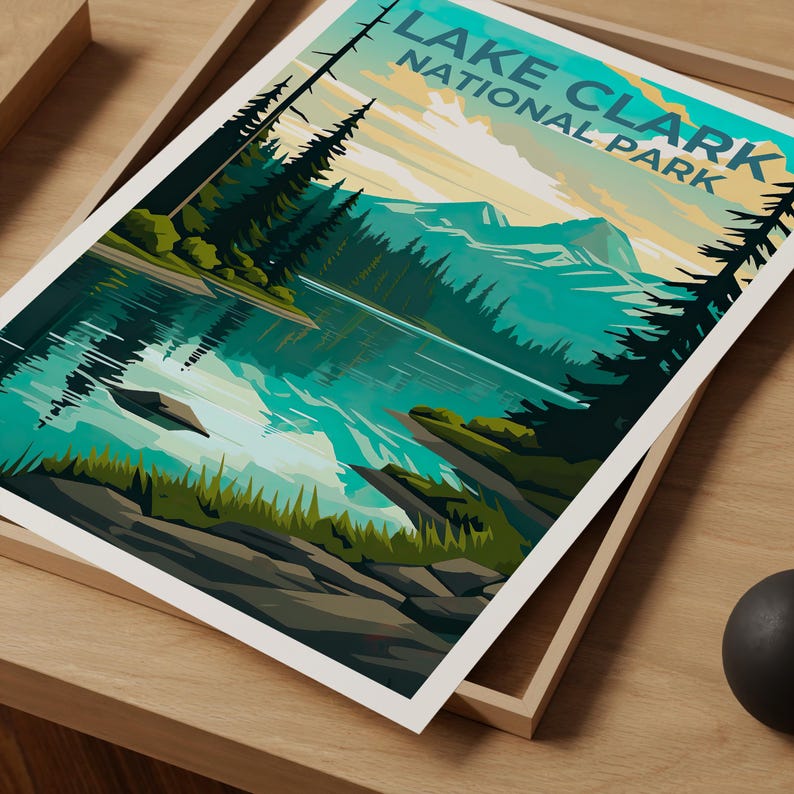 Lake Clark National Park Travel Print, Alaska Poster, Lake Wall Art, Mountain Illustration, Lake Clark Poster, Home Decor, Birthday Gift