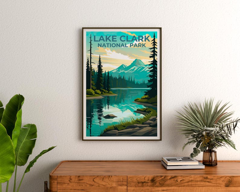 Lake Clark National Park Travel Print, Alaska Poster, Lake Wall Art, Mountain Illustration, Lake Clark Poster, Home Decor, Birthday Gift