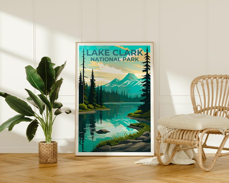 Lake Clark National Park Travel Print, Alaska Poster, Lake Wall Art, Mountain Illustration, Lake Clark Poster, Home Decor, Birthday Gift
