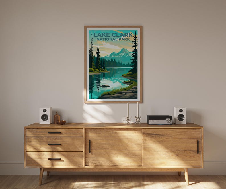 Lake Clark National Park Travel Print, Alaska Poster, Lake Wall Art, Mountain Illustration, Lake Clark Poster, Home Decor, Birthday Gift