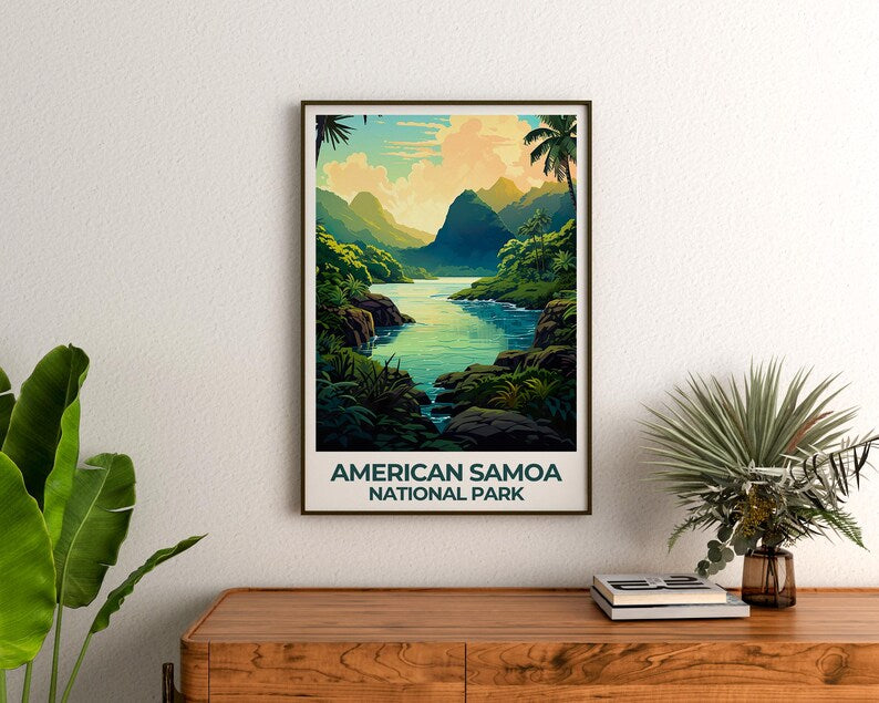 American Samoa National Park Travel Print, Mountains Poster, Jungle Wall Art, Samoa Illustration, Nature Poster, Home Decor, Birthday Gift