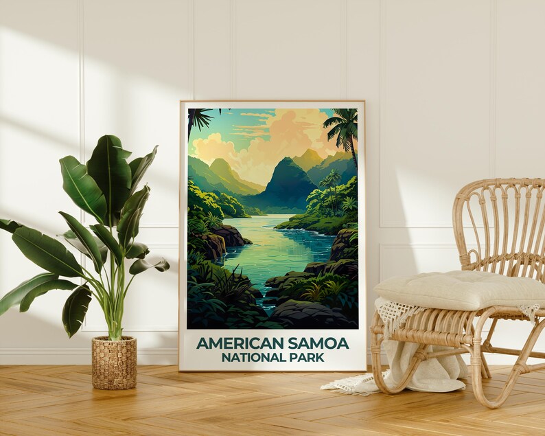 American Samoa National Park Travel Print, Mountains Poster, Jungle Wall Art, Samoa Illustration, Nature Poster, Home Decor, Birthday Gift