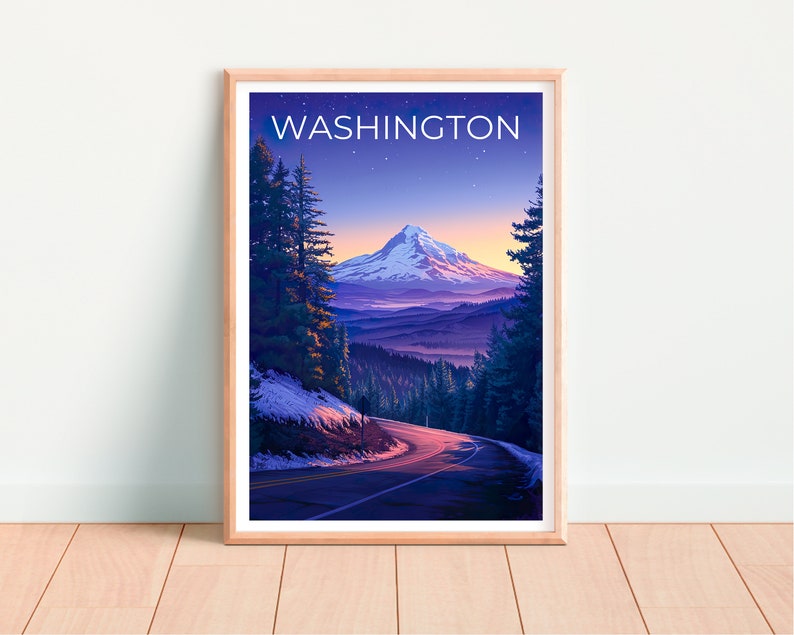 Affiche de voyage de Washington, art mural de l'État de Washington, impression de l'État de Washington, affiche de Washington, affiche du mont Hood, affiche de la nature