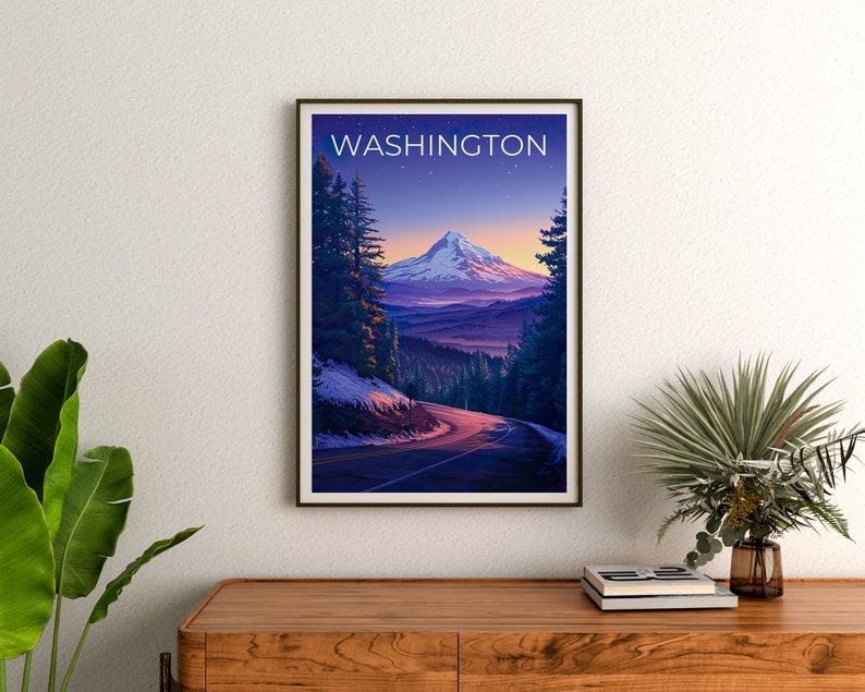 Affiche de voyage de Washington, art mural de l'État de Washington, impression de l'État de Washington, affiche de Washington, affiche du mont Hood, affiche de la nature